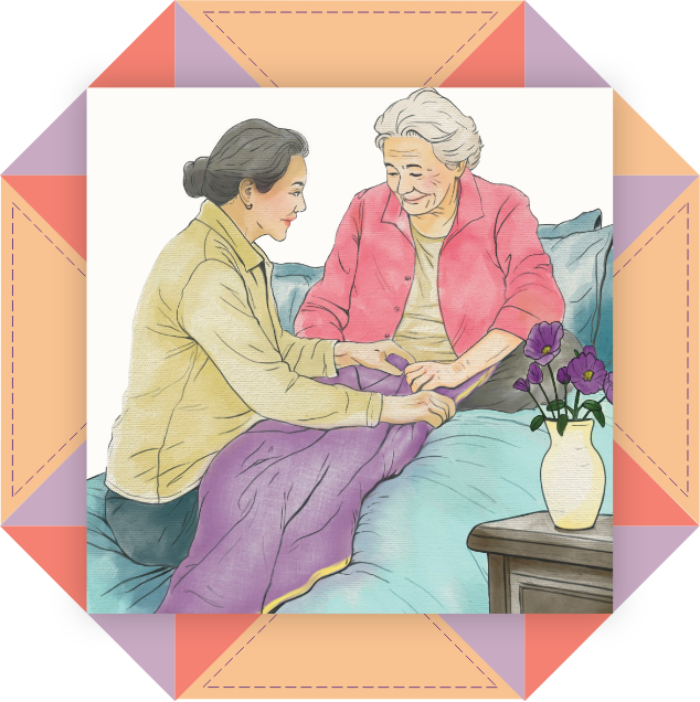 Compassion Home Care-Illustration-Home Care Worker Holding Hands With Client In Bed