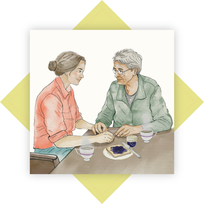 Compassion Home Care-Illustration-Home Care Worker Holding Hands With Client at A Table